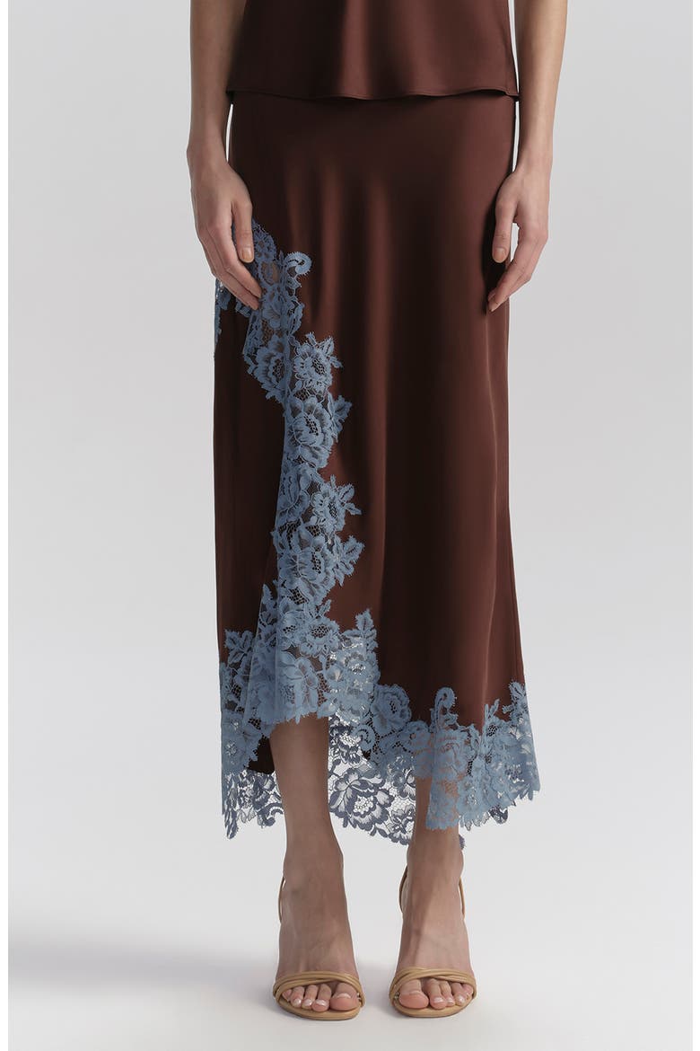 Olivia Lace Trim Asymmetric Satin Maxi Skirt, Main, color, GANACHE/ FRENCH BLUE