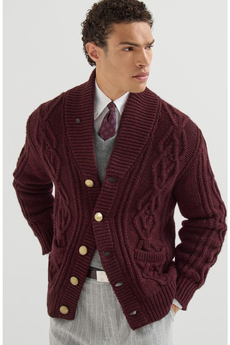 Cashmere Feather yarn cable knit cardigan with metal buttons, Alternate, color, Burgundy
