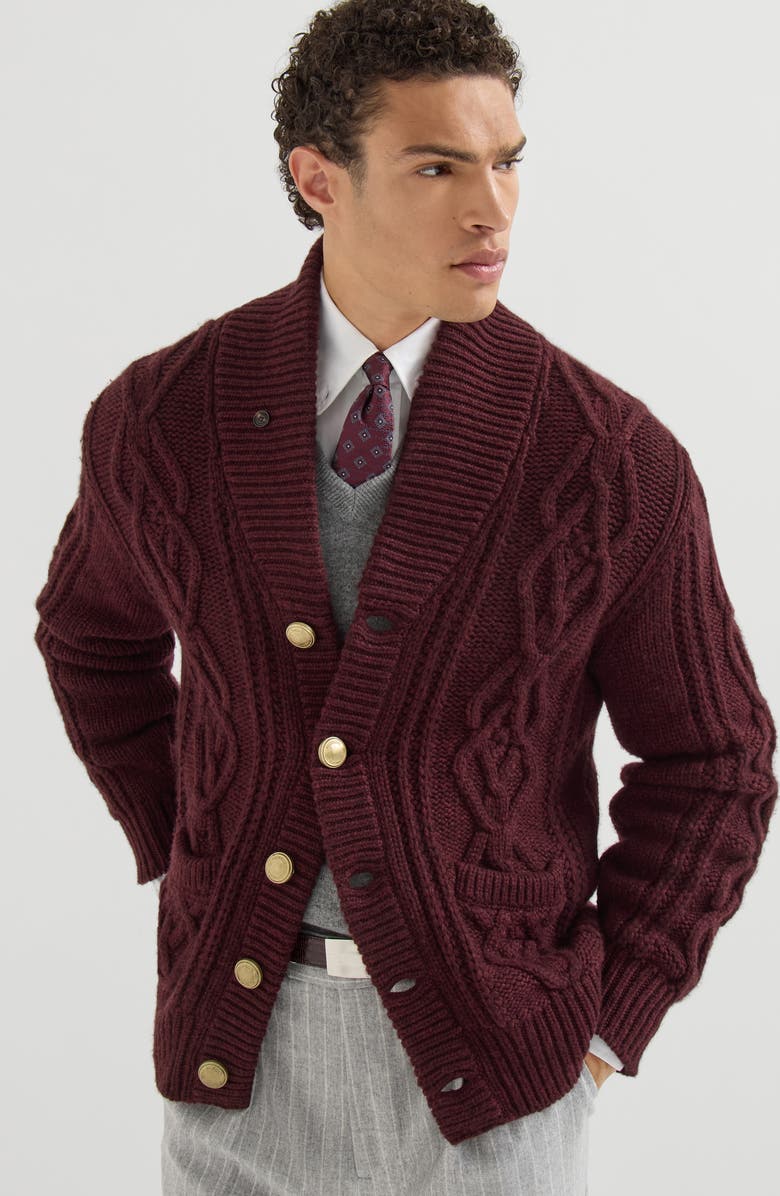 Brunello Cucinelli Cashmere Feather yarn cable knit cardigan with metal buttons, Alternate, color, Burgundy