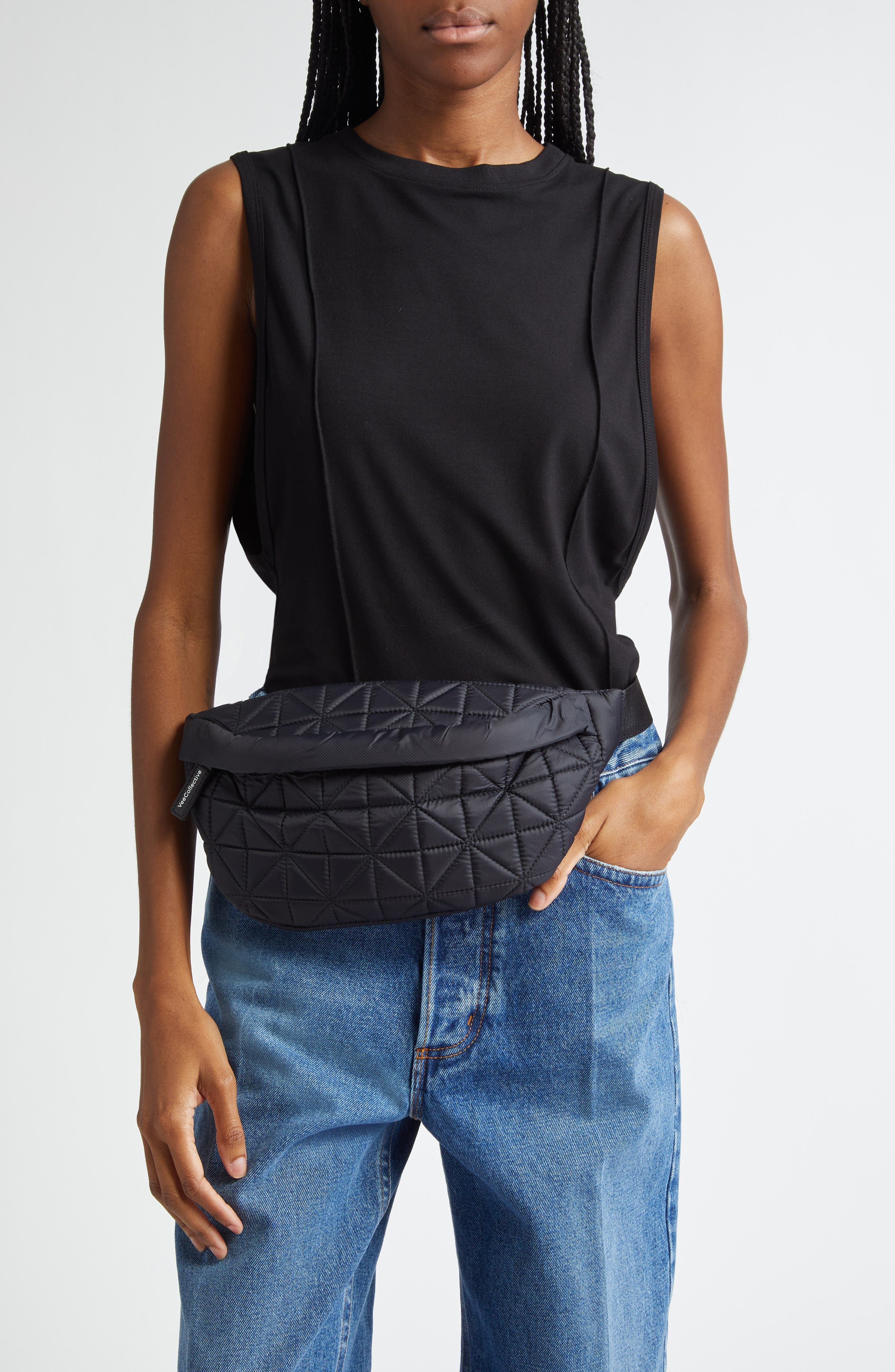 VeeCollective Vee Water Repellent Quilted Nylon Belt Bag, Alternate, color, Black