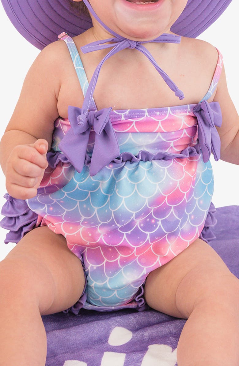 RuffleButts Kids' Mermaid One-Piece Swimsuit, Alternate, color, Purple Multi