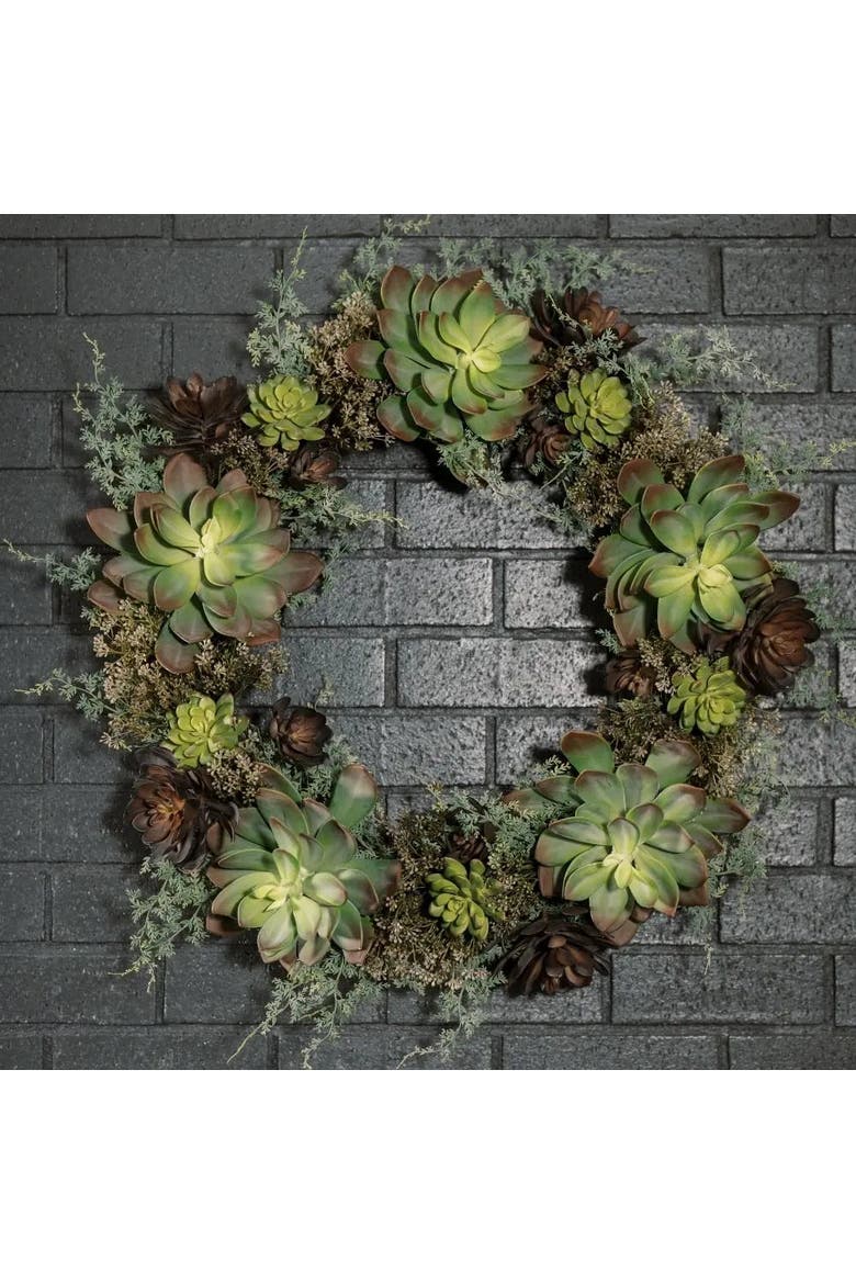 30" Artificial Eucalyptus and Succulent Wreath, Alternate, color, Green
