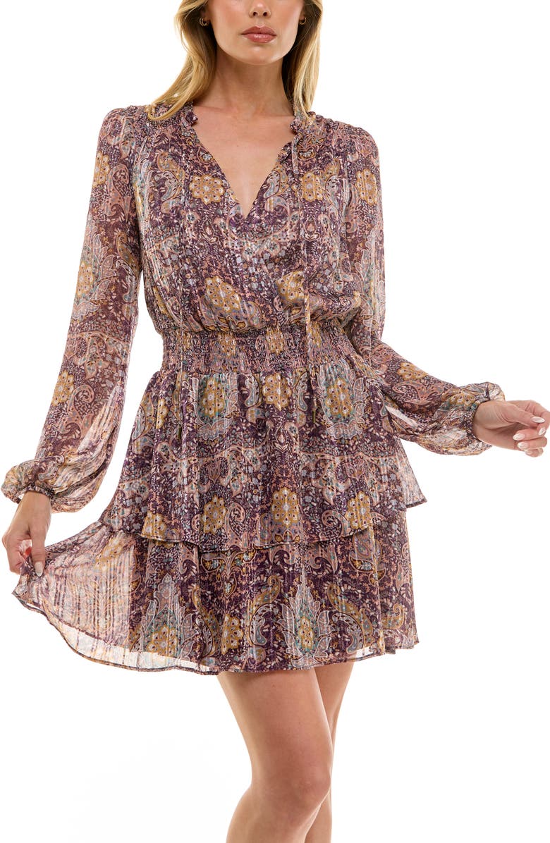 Socialite Paisley Smocked Long Sleeve Minidress, Alternate, color, Plum/ Pink