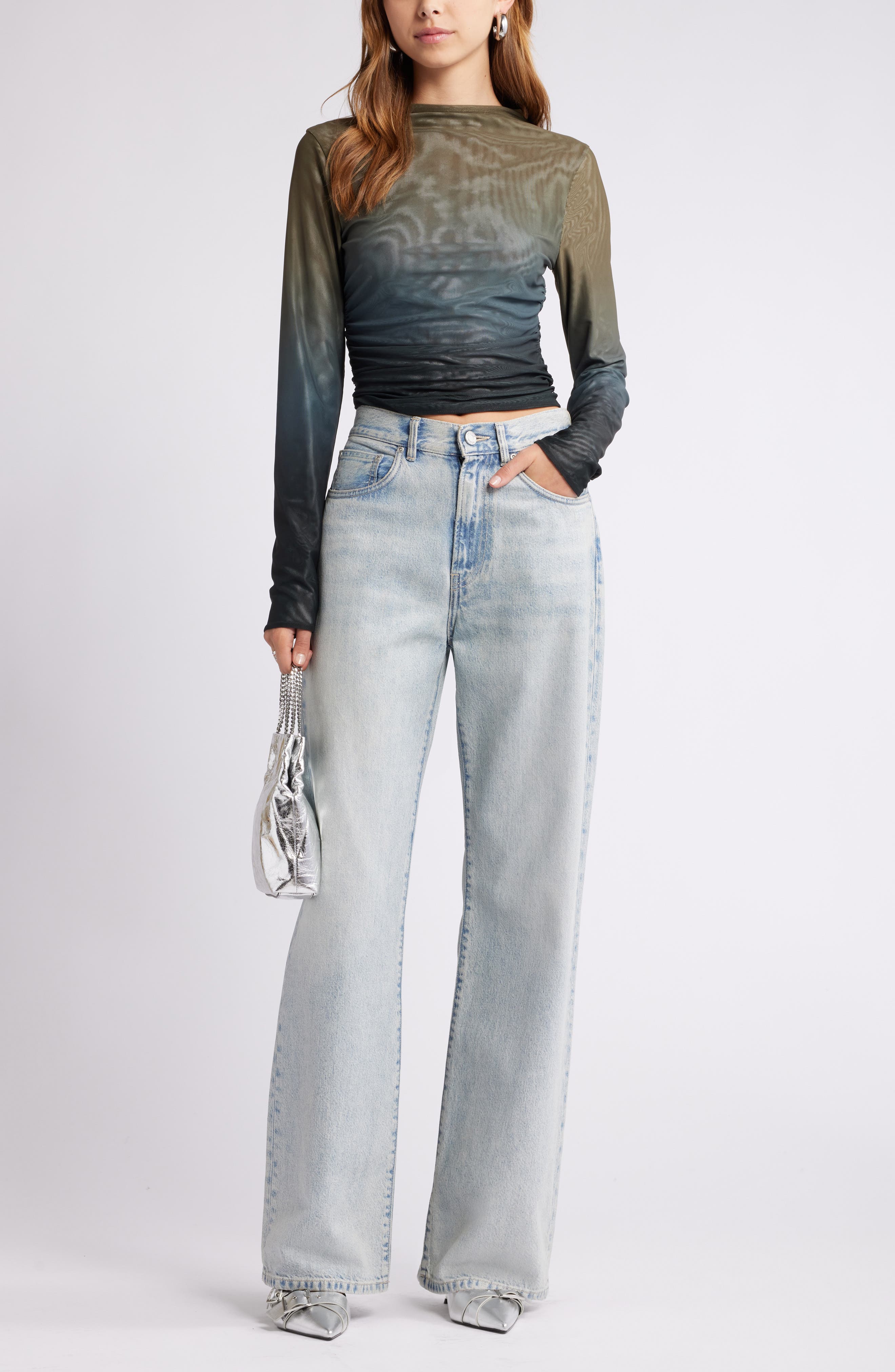 Ruched Mock Neck Mesh Top - image 2