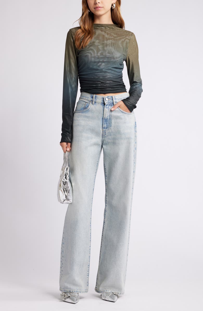 Open Edit Ruched Mock Neck Mesh Top, Alternate, color,