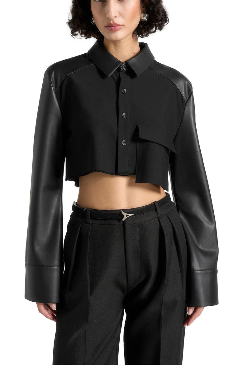 Bernadette Leather Contrast Cropped Shirt, Alternate, color, Black