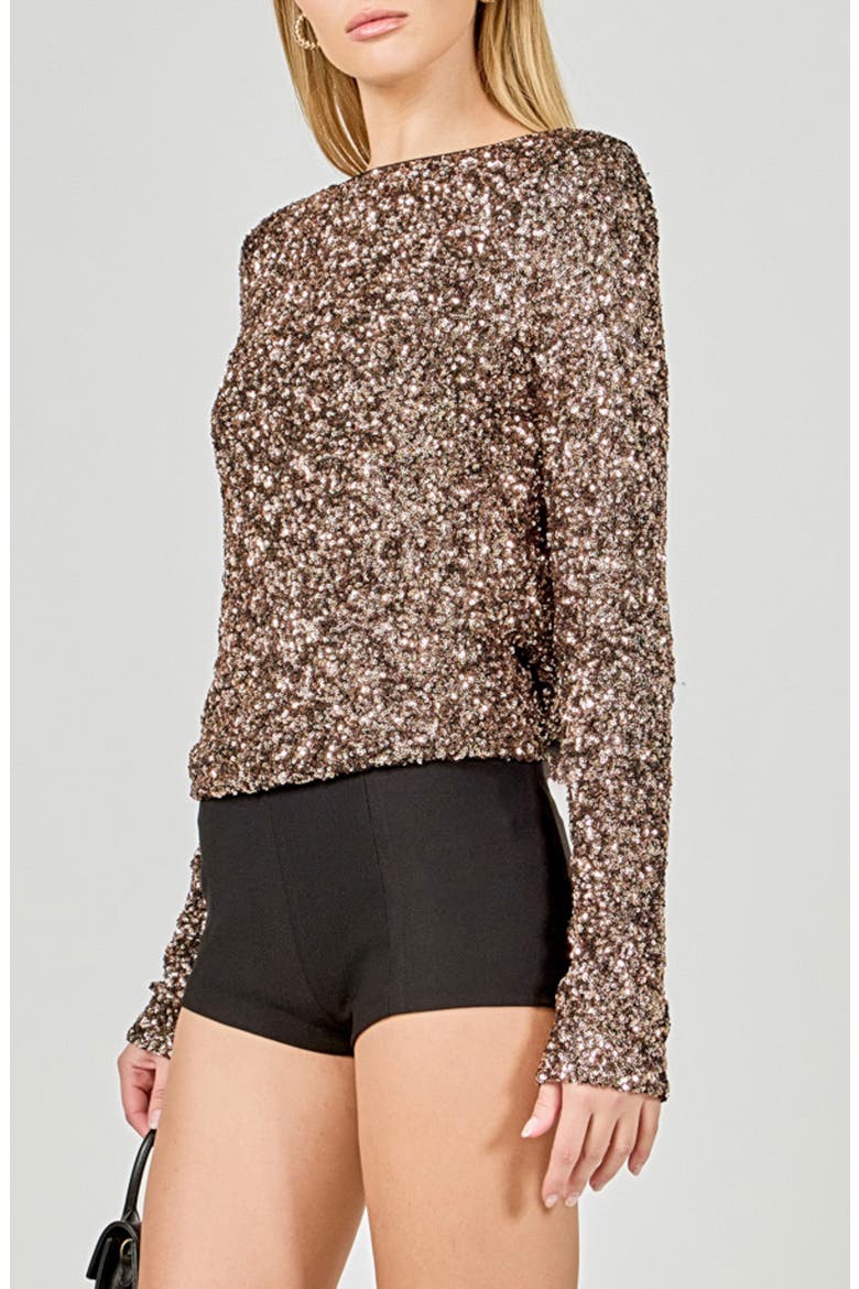 Sequined Long Sleeve Fitted Top, Alternate, color, BRONZE