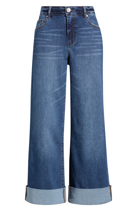 High Waist Rolled Cuff Wide Leg Jeans