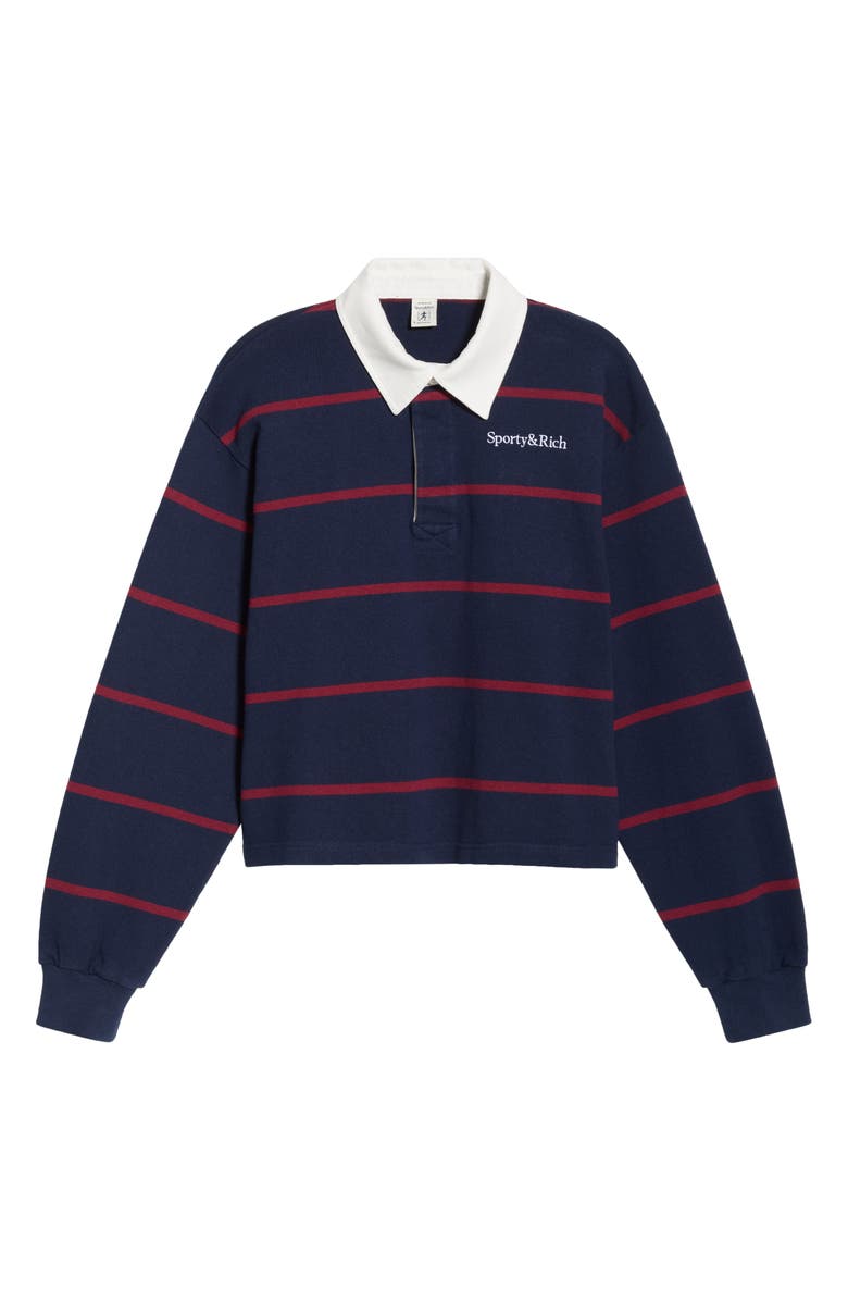 Sporty & Rich Serif Logo Embroidered Cotton Long Sleeve Rugby Polo, Main, color, Dark Navy/White/Merlot