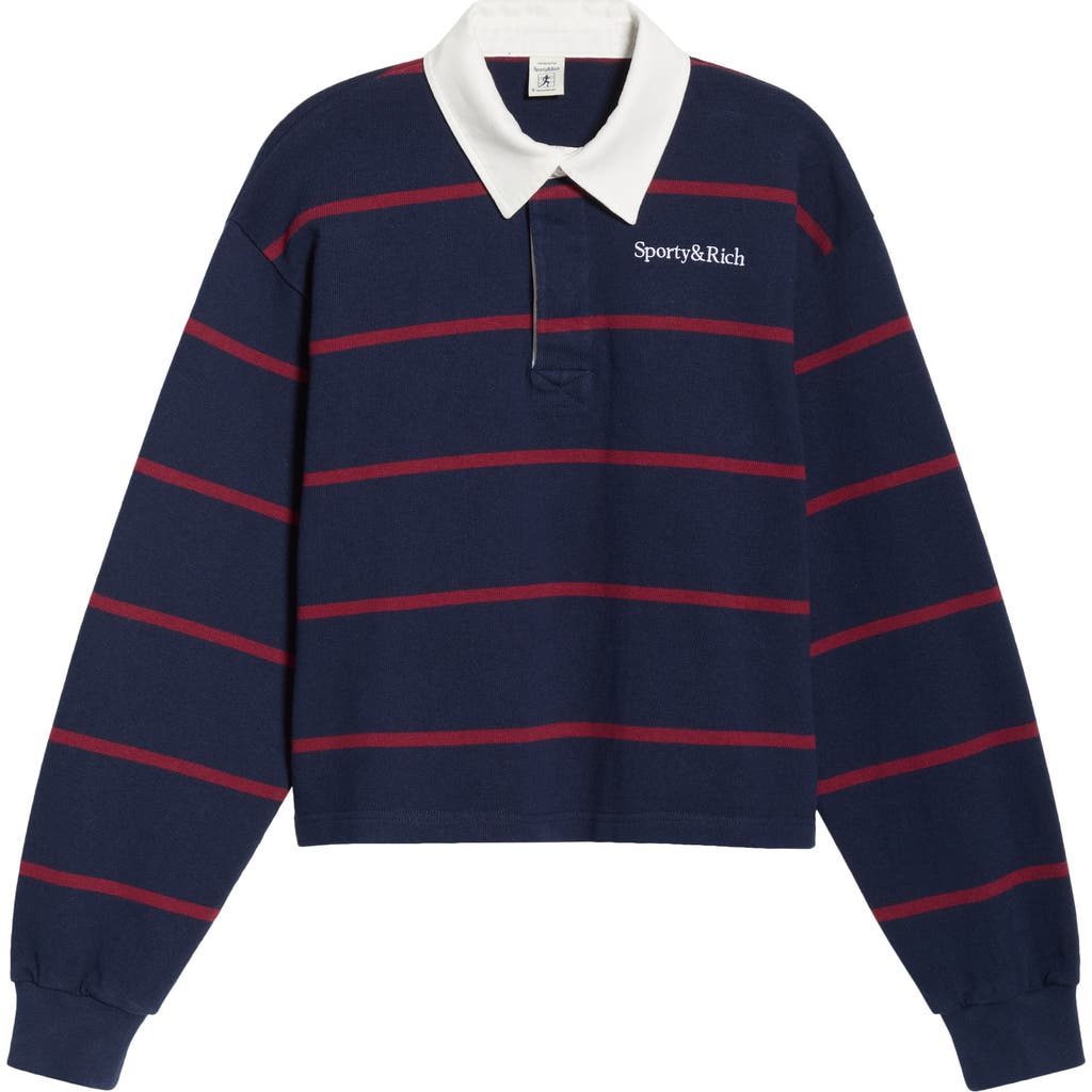 Sporty And Rich Sporty & Rich Serif Logo Embroidered Cotton Long Sleeve Rugby Polo In Blue