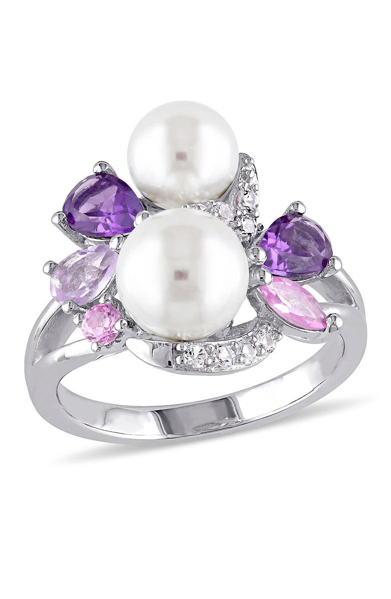 DELMAR Sterling Silver 6.5-7mm & 7.5-8mm White Freshwater Cultured Pearl & Semi-Precious Stone Ring, Main, color, Multi