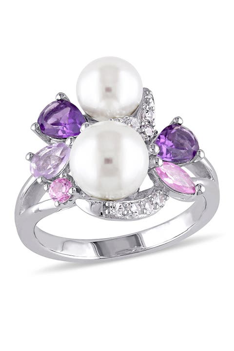 Sterling Silver 6.5-7mm & 7.5-8mm White Freshwater Cultured Pearl & Semi-Precious Stone Ring