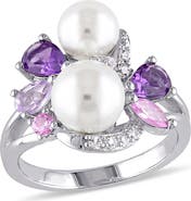 DELMAR Sterling Silver 6.5-7mm & 7.5-8mm White Freshwater Cultured Pearl & Semi-Precious Stone Ring