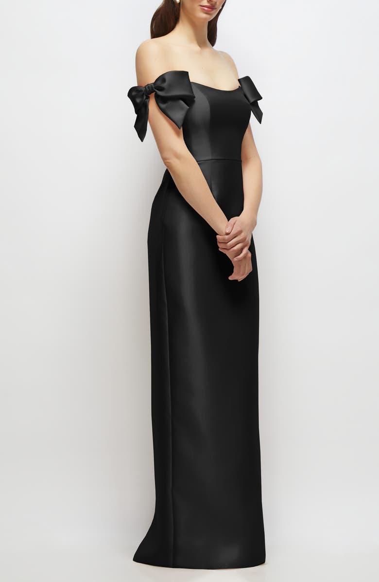 Alfred Sung Off the Shoulder Satin Column Gown, Alternate, color, Black
