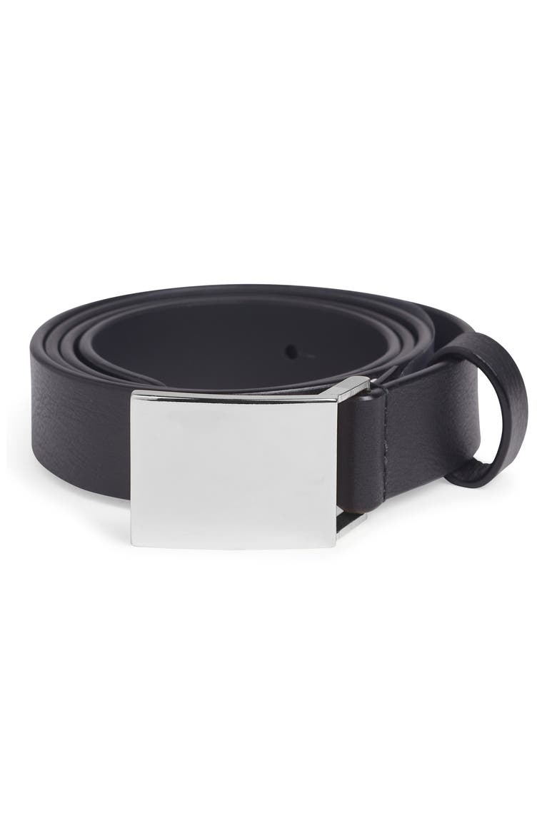 Plaque Buckle Leather Belt, Alternate, color, BLACK/ POLISHED NICKEL