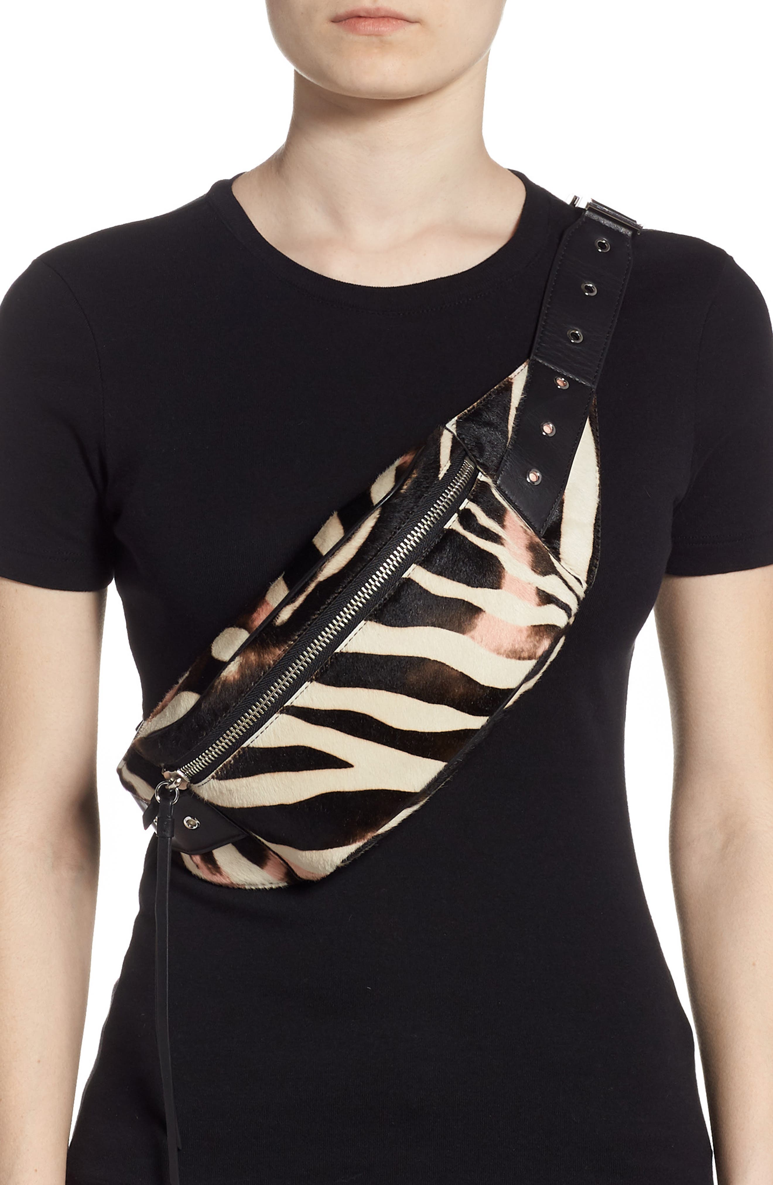 AllSaints Captain Zebra Genuine Calf Hair Belt Bag, Alternate, color, 