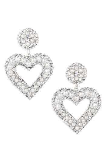 Tasha Crystal & Pearl Heart Drop Earrings In Sliver/white