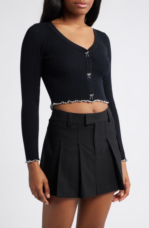 All in Favor Embroidered Bow Rib Crop Cardigan in Black White 