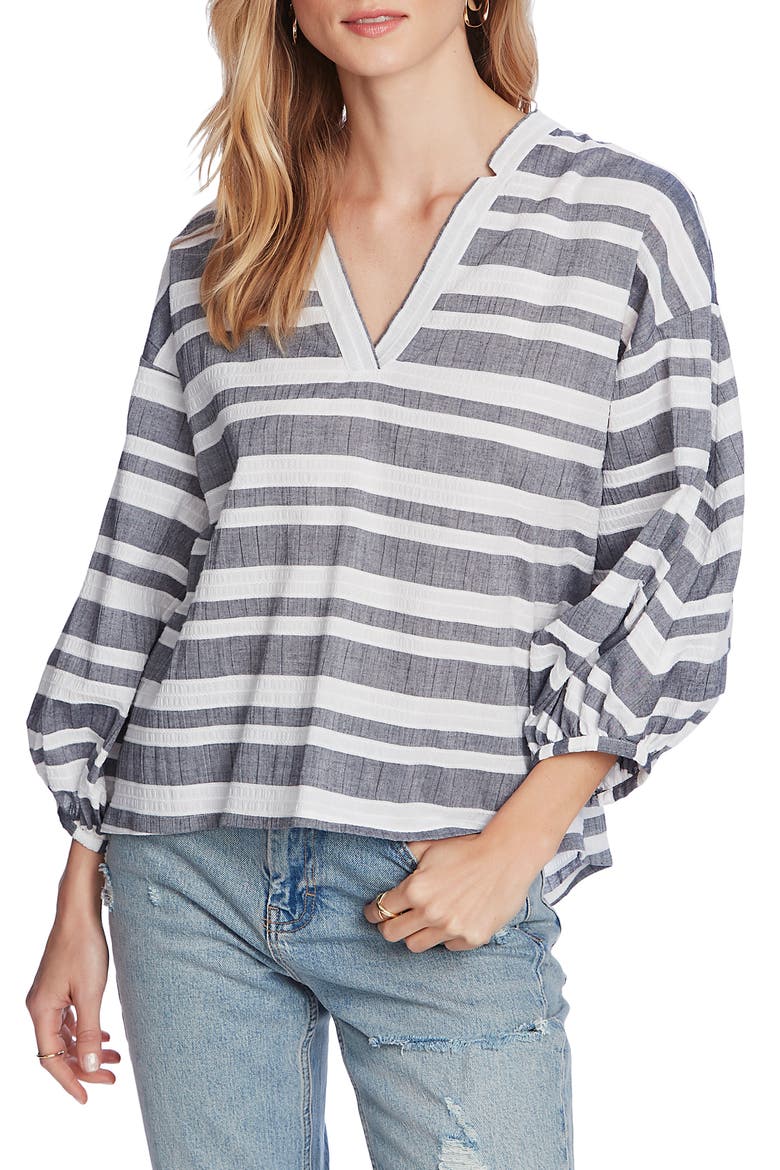 Braided Gauze Stripe V-Neck Top, Main, color, BLUE NIGHT