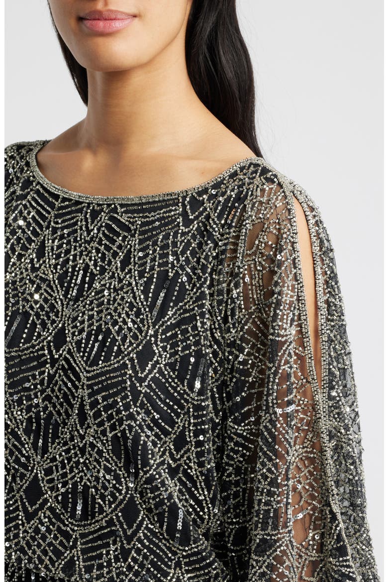 Beaded Cold Shoulder Blouson Cocktail Dress, Alternate, color, BLACK/ SILVER