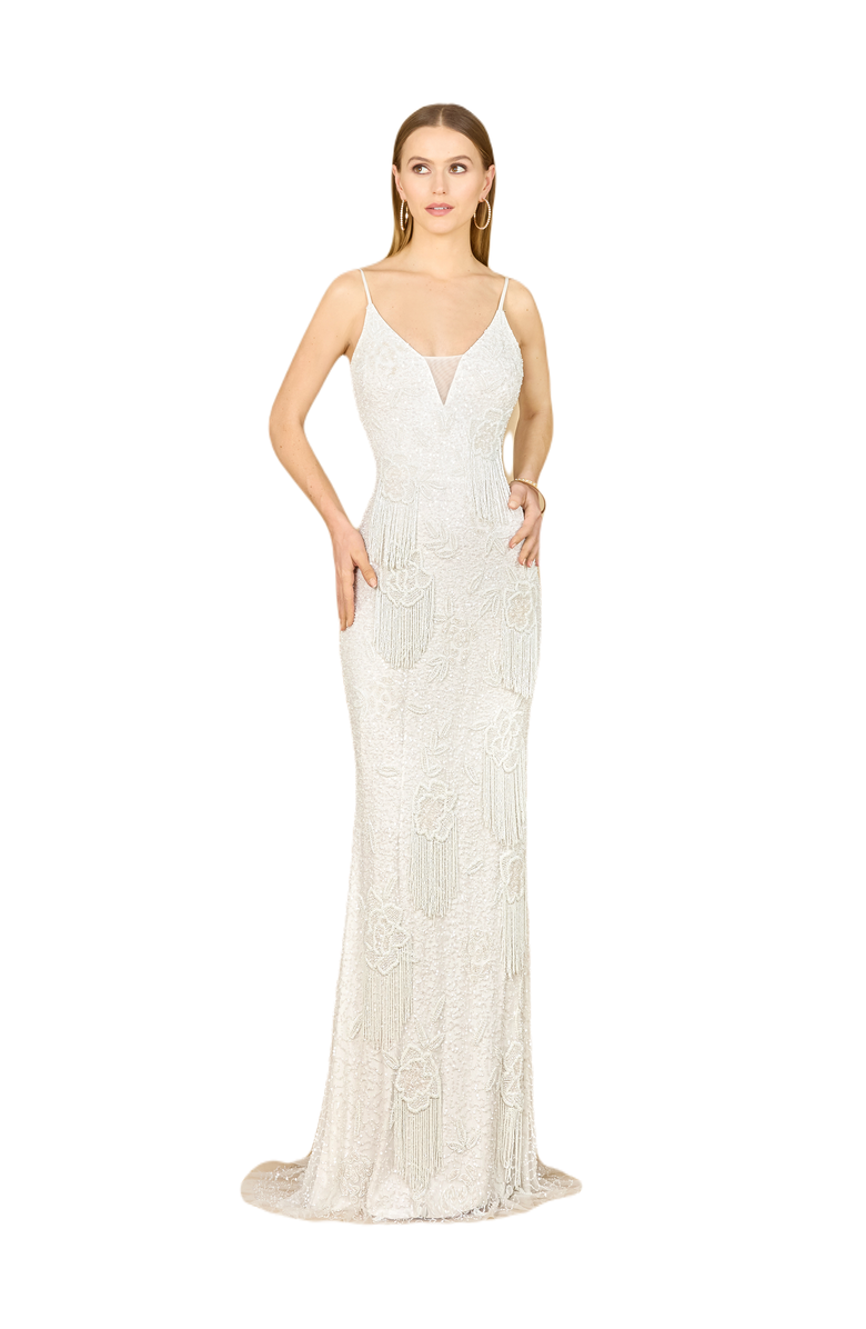 LARA New York Danika Floral Beaded Sheath Beaded Dress with Beaded Fringe, Main, color, White