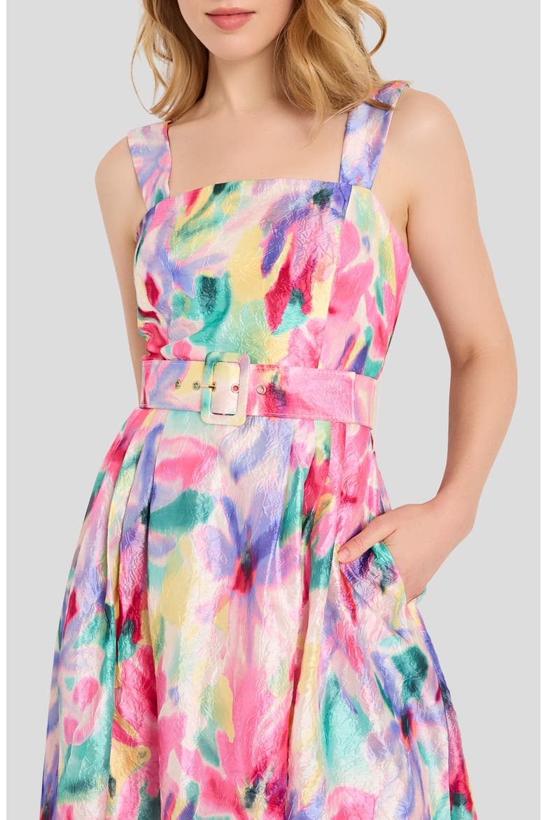 Print Crinkle Belted Fit & Flare Dress, Alternate, color, IVORY MULTI