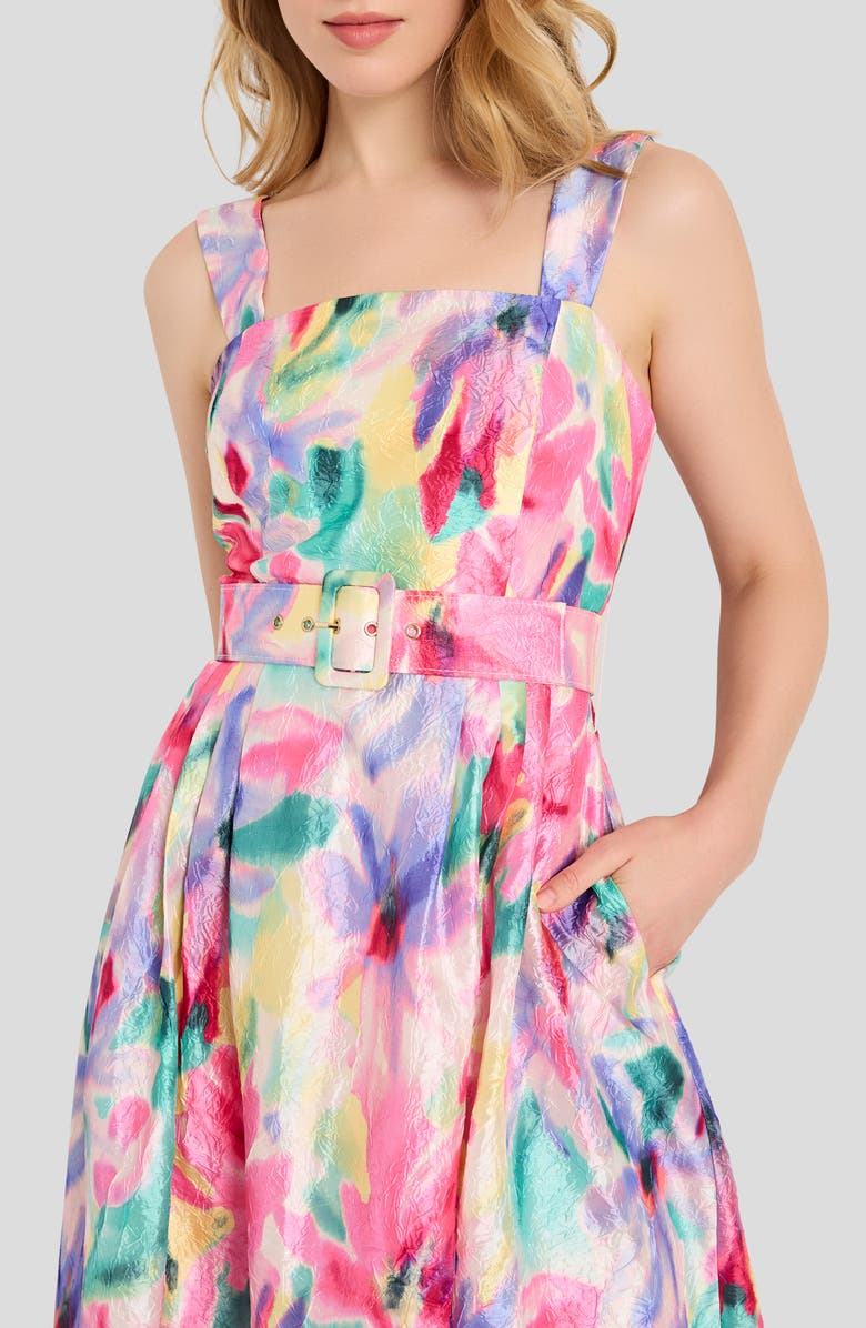 Tahari ASL Print Crinkle Belted Fit & Flare Dress, Alternate, color, Ivory Multi