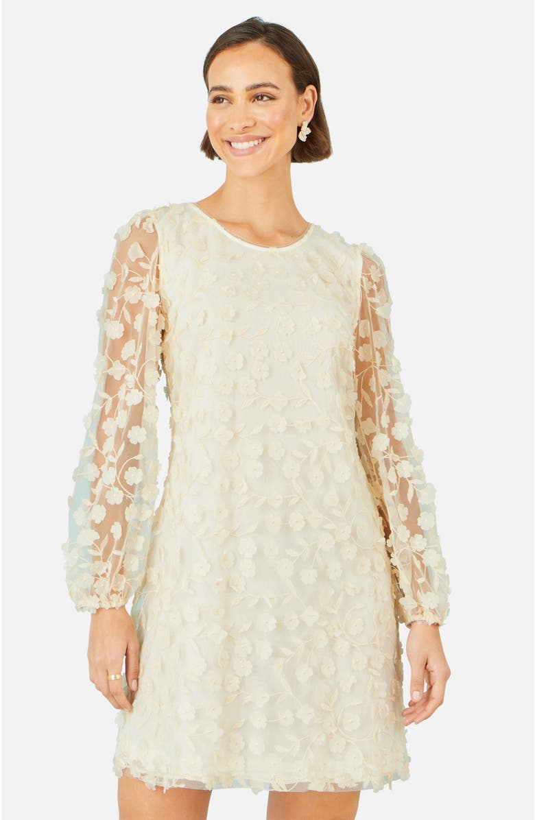 Yumi Long Sleeve Floral Applique Tunic Dress, Main, color, Ivory