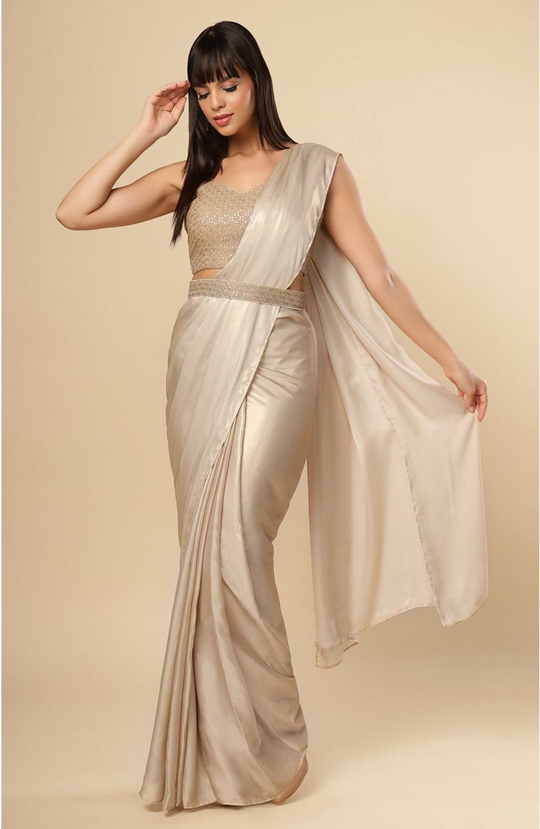 One Minute Saree<sup>®</sup> Deva Champagne Gold Shimmer Crepe Ready To Wear Saree, Alternate, color, 