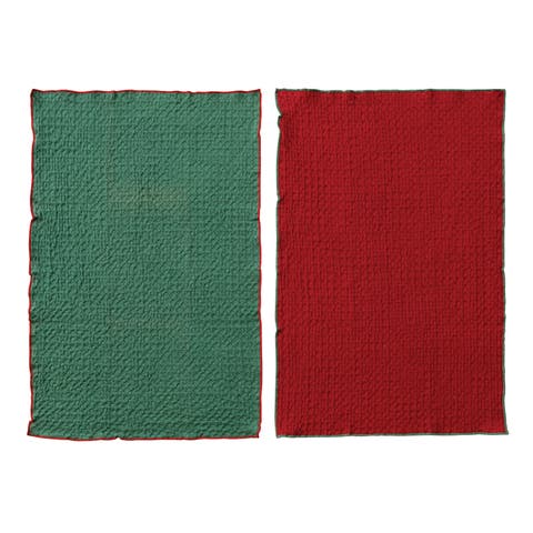 4-Piece Cotton Waffle Weave Tea Towel with Colored Stitched Edge, Red and Green
