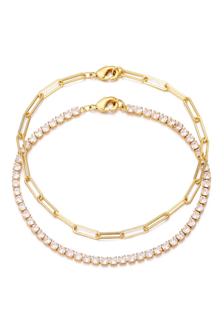 14K Gold Plated Paper Clip Chain & Crystal Tennis Bracelet Set, Main, color, GOLD
