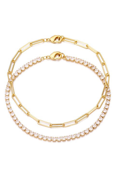14K Gold Plated Paper Clip Chain & Crystal Tennis Bracelet Set