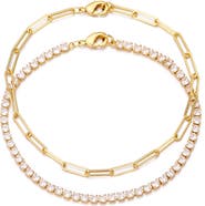 Adornia 14K Gold Plated Paper Clip Chain & Crystal Tennis Bracelet Set