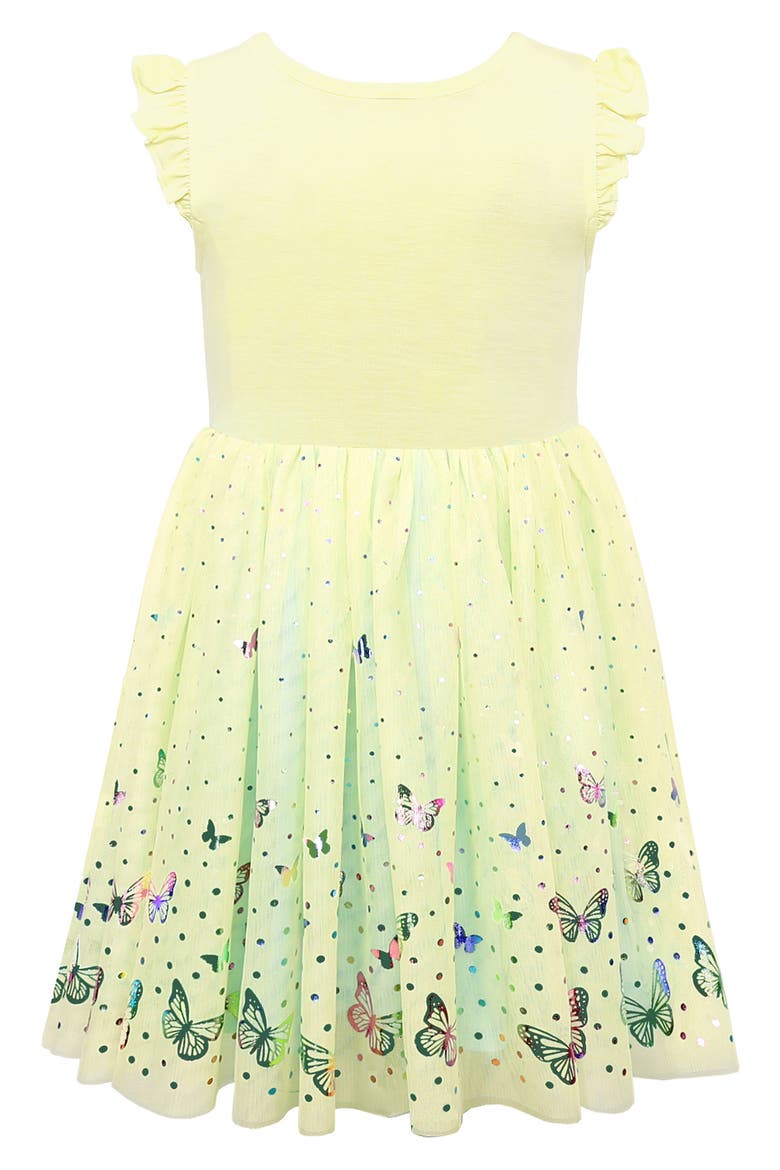 Kids' Flutter Sleeve Butterfly Foil Dress, Alternate, color, YELLOW