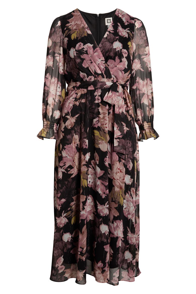 Metallic Long Sleeve Faux Wrap Maxi Dress, Alternate, color, ANNE BLACK MULTI