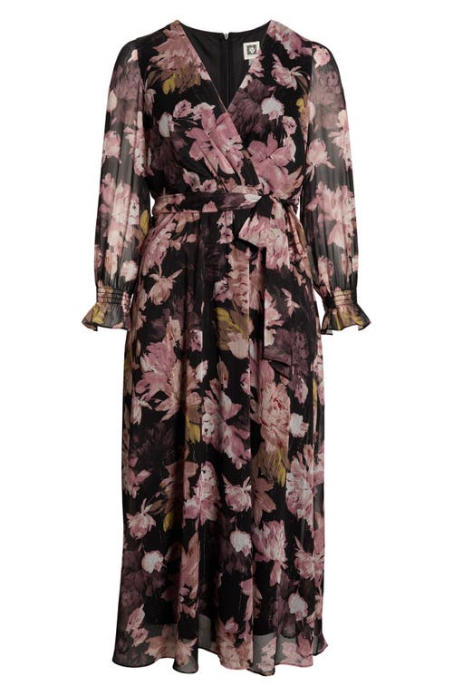 Anne Klein Metallic Floral Print Long Sleeve Faux Wrap Maxi Dress In Brown