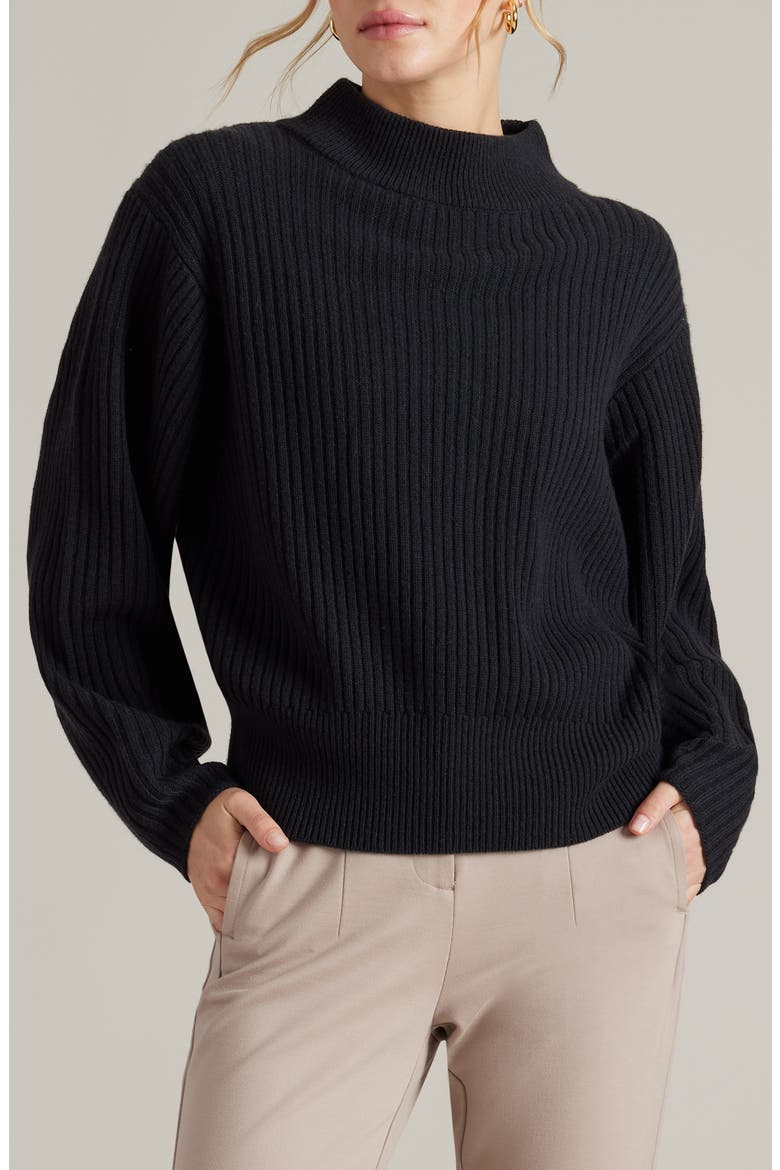 Mock Neck Cashmere & Wool Rib Sweater, Main, color, BLACK