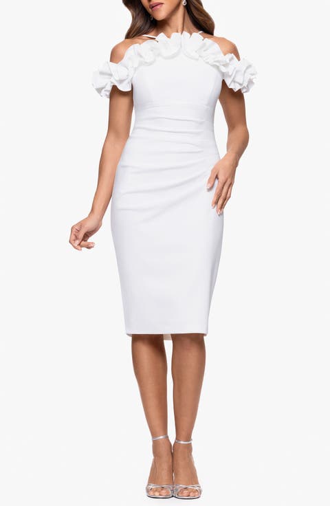 Ruffle Off the Shoulder Scuba Crepe Sheath Dress