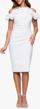 Xscape Evenings Ruffle Off the Shoulder Scuba Crepe Sheath Dress