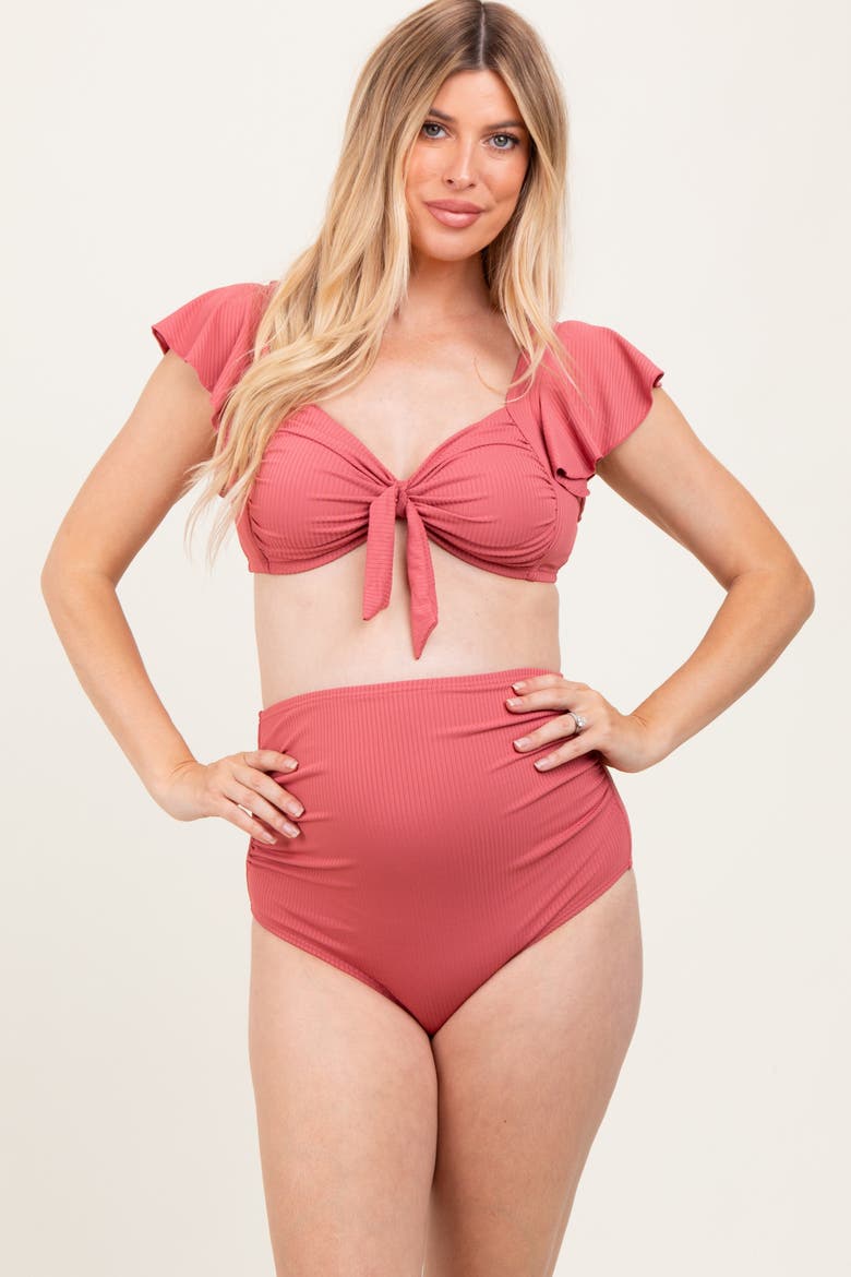Ribbed Ruffle Shoulder Front Tie High Waist Two-Piece Swimsuit, Alternate, color, Pink