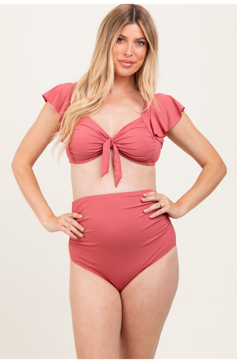 PinkBlush Ribbed Ruffle Shoulder Front Tie High Waist Two-Piece Swimsuit, Alternate, color, Pink