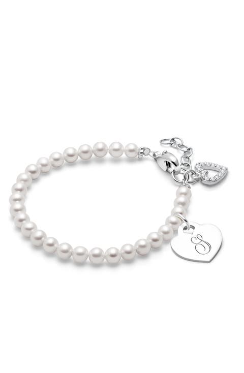 Sterling Silver 4mm Cultured Pearls & Engraved Initial 6.25" Bracelet