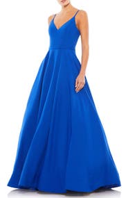 Mac Duggal Women’s V-Neck Ball Gown with Belted A-Line Skirt
