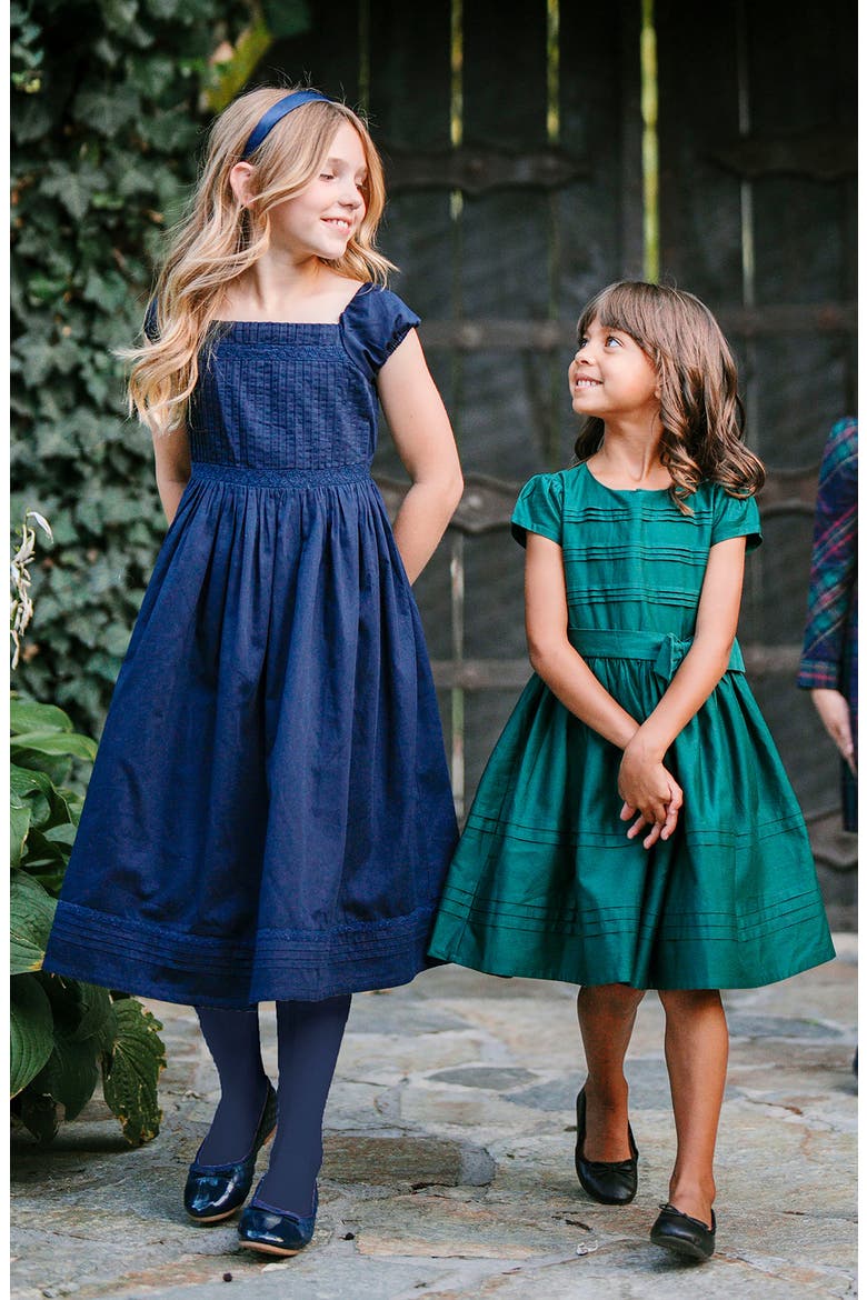 Kids' Organic Puff Sleeve Pintuck Sateen Party Dress, Alternate, color, Navy