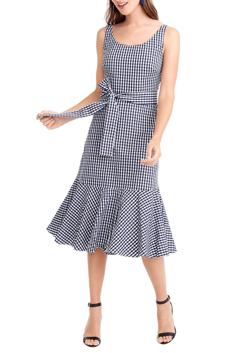 J.Crew Gingham Ruffle Hem Midi Dress, Main, color, NAVY WHITE