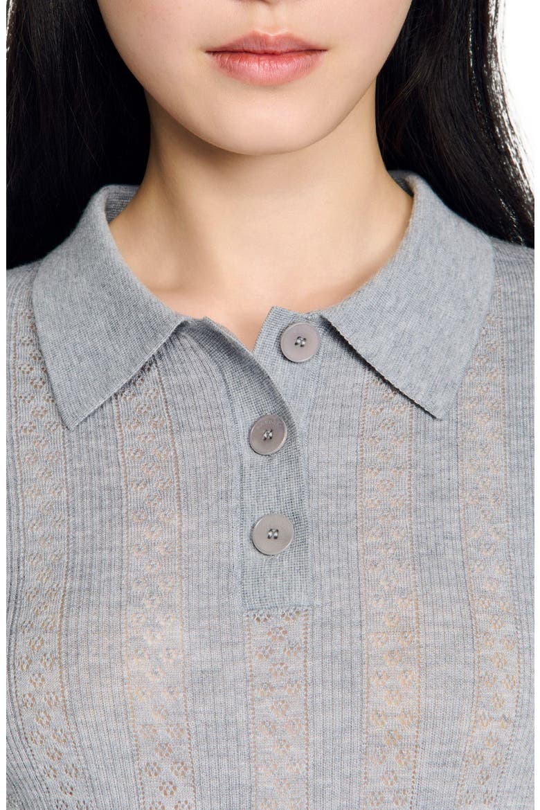 Pointelle polo-neck wool sweater, Alternate, color, Grey