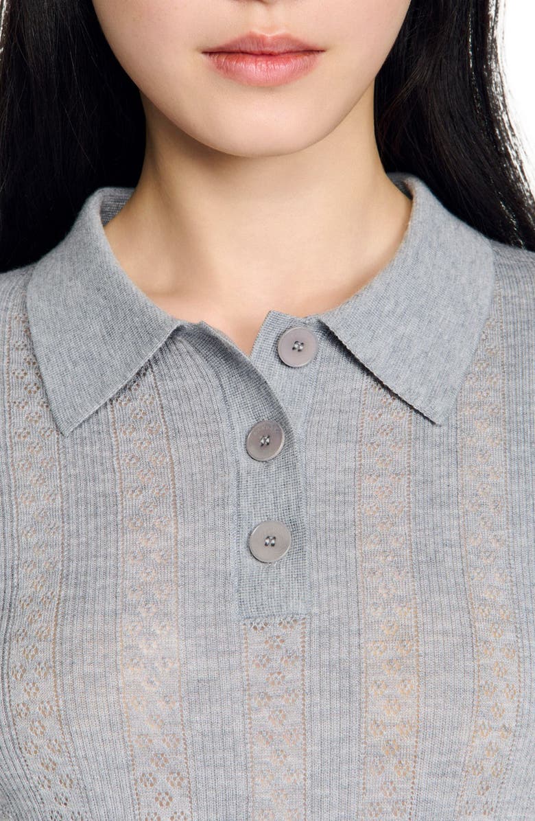 SANDRO Pointelle polo-neck wool sweater, Alternate, color, Grey