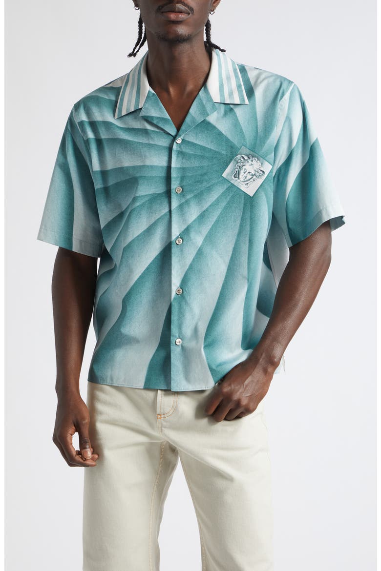 The Vortex Print Cotton Poplin Camp Shirt, Main, color, LIGHT TEAL