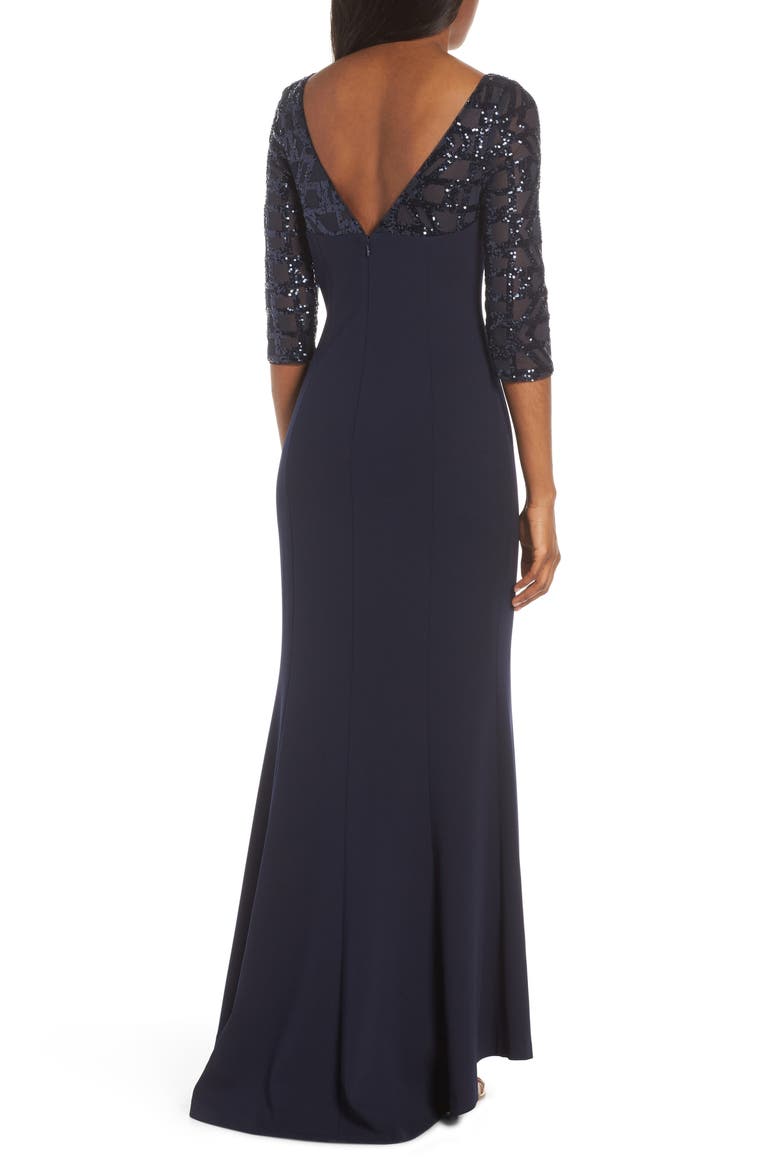 Sequin Crepe Trumpet Gown, Alternate, color, NAVY