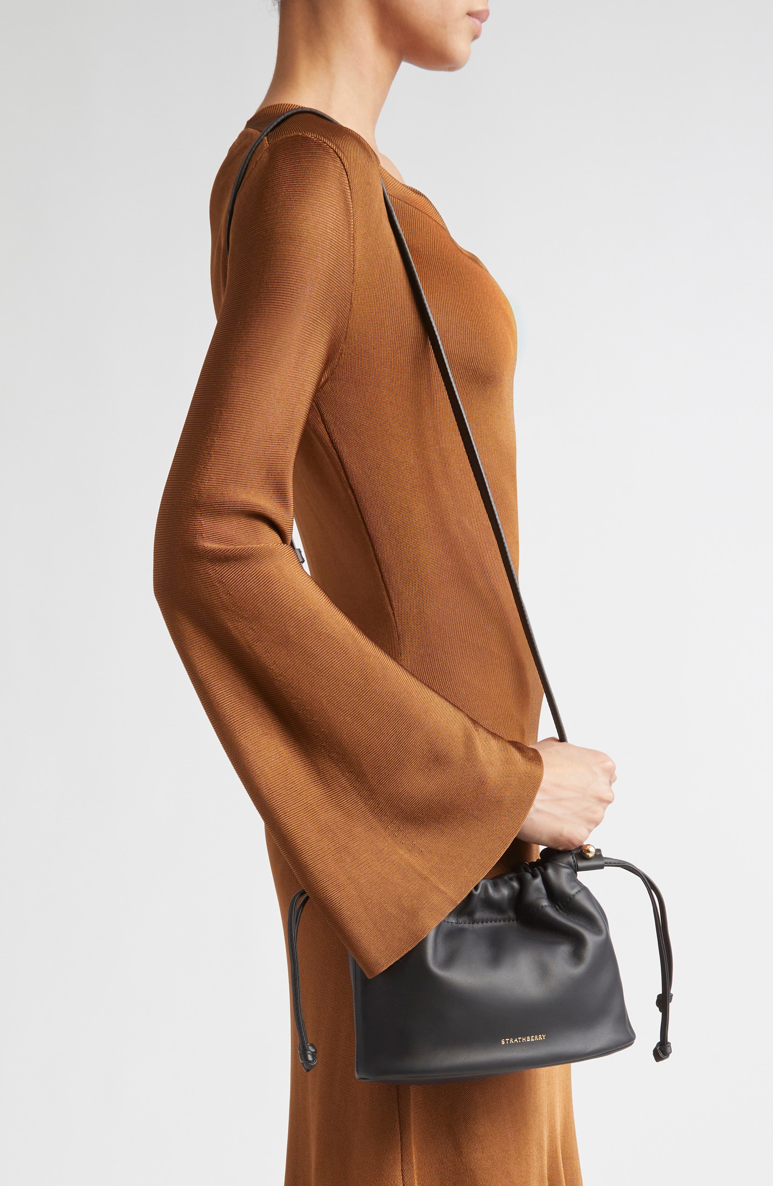 Strathberry Drawstring Leather Crossbody Bag, Alternate, color, Black